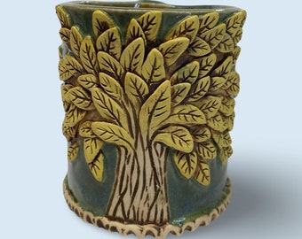Large Hand Built Stoneware Pottery Tree Mug Cup Teal Blue Green Yellow 15 oz.
