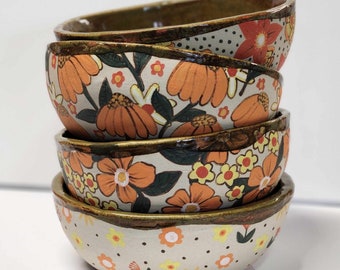 Hand Built Stoneware Large Cereal Soup Ice Cream Bowl Hand Painted Flower Power Retro