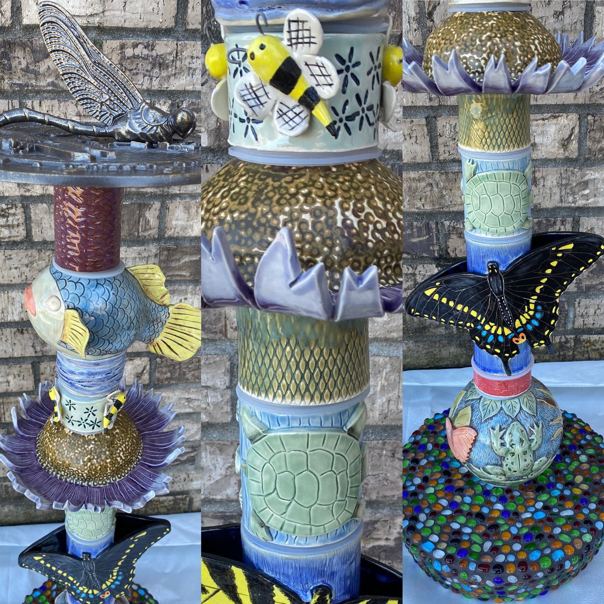 Hand Made Pottery Sundial Totem Pole Pond Life Fish Frog Snail