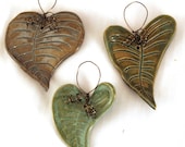 3 Small Hand Made Pottery Leaf Ornaments Leaves Copper Wire