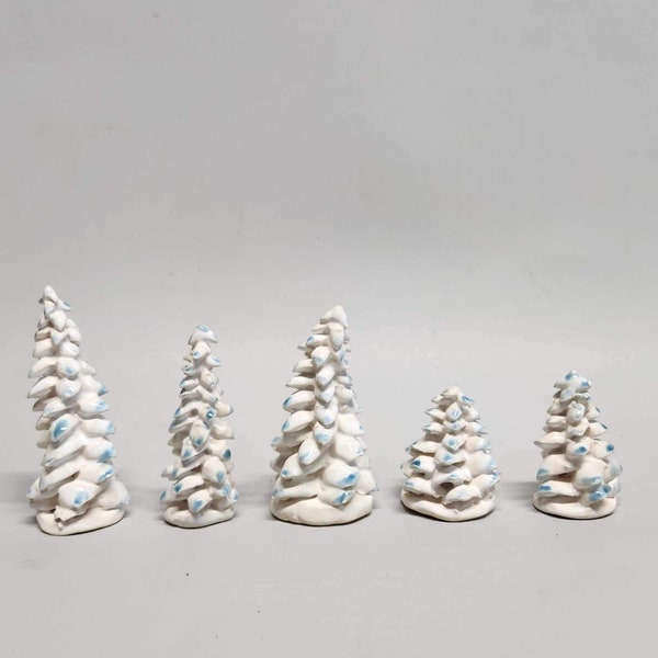 Stoneware Pottery Hand Built & Carved Small Tree Fir Tree North Woods White with Blue Tips 2 1/4" to 3 1/4"   Tall