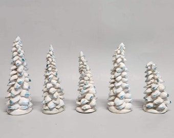 Stoneware Pottery Hand Built & Carved Small Tree Fir Tree North Woods White with Blue Tips 3 1/2" to 4 1/2" Tall