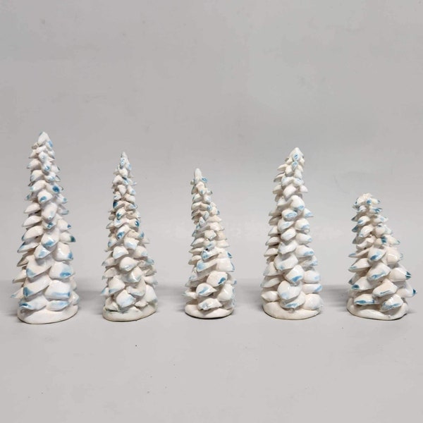 Stoneware Pottery Hand Built & Carved Small Tree Fir Tree North Woods White with Blue Tips 3 1/2" to 4 1/2" Tall
