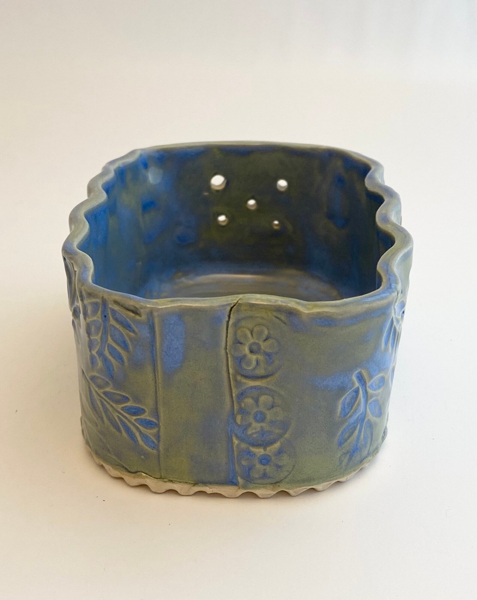 Hand Made Stoneware Pottery Herb Stripper Bowl Blue Green Etsy