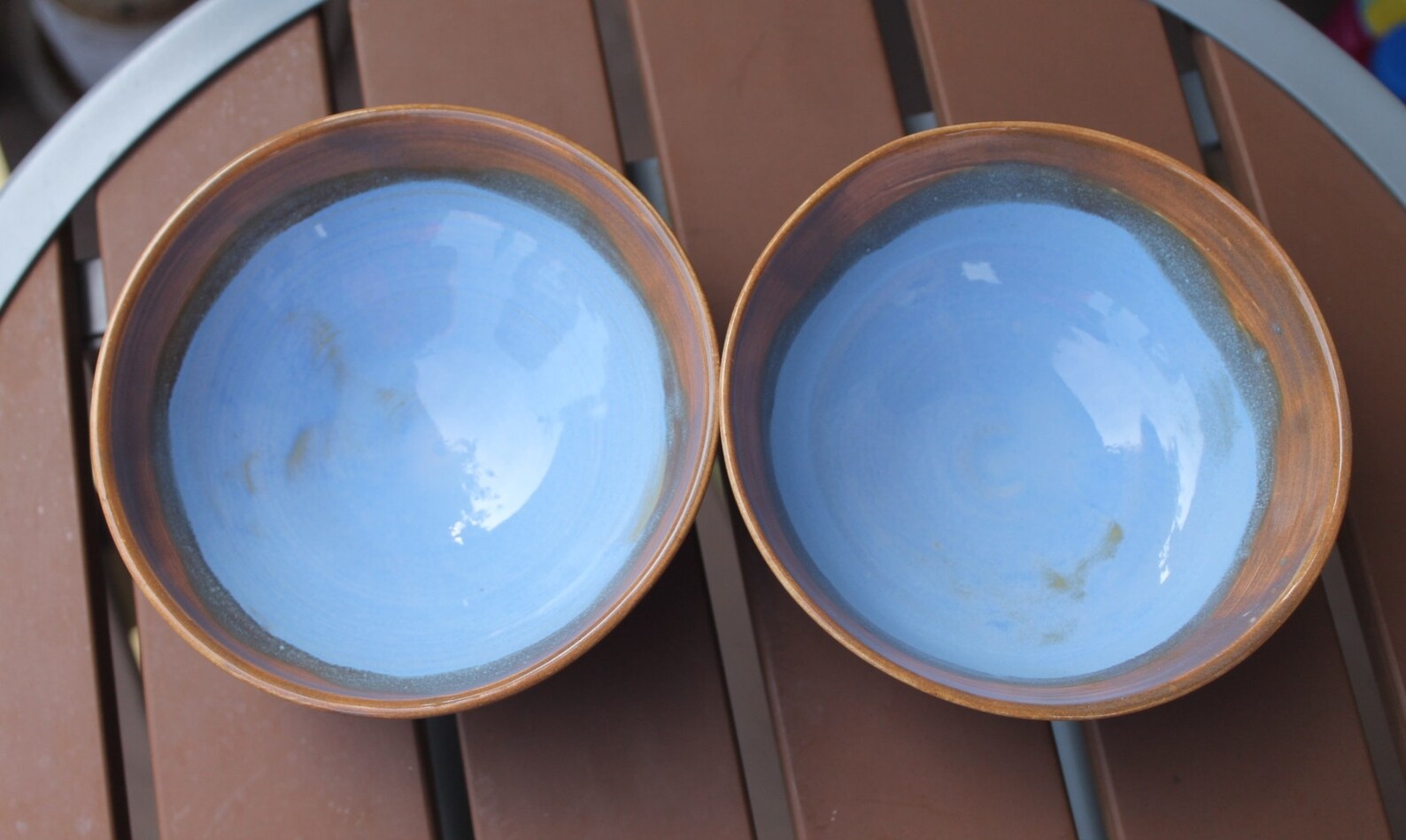 2 Wheel Thrown Stoneware Small Dip Ice Cream Bowls Brown Blue Etsy