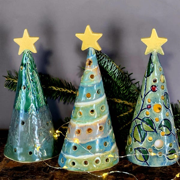 Small Luminary Ceramic Pottery Hand Made Christmas Tree Trees Hand Built Hand Carved