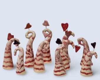 Small Miniature Doll House Hand Made Ceramic Stoneware Candy Cane Trees With Heart Topper Whimsical Red Striped