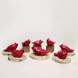 May include: Eight hand-painted wooden cardinal figurines on birch wood slices. The cardinals are red with black eyes and beaks. The wood slices are painted with green leaves.