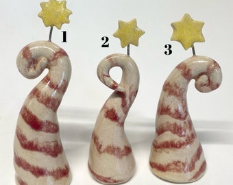 Small Miniature Hand Made Ceramic Stoneware Candy Cane Trees With Star Whimsical Red Striped