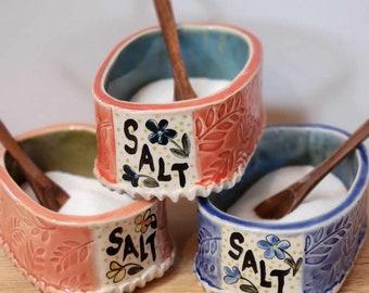 Hand Made Stoneware Pottery Salt Bowl Salt Cellar Salt Pig Hand Painted