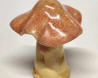 Hand Made Ceramic Stoneware Mushroom Mushrooms Cottage Core Fairy Garden Fungi Salmon Yellow
