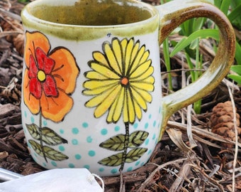 Wheel Thrown Stoneware Pottery Coffee Tea Mug Cup Hand Painted Retro Flowers 8 oz.