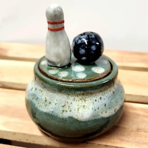 Wheel Thrown Ceramic Small Trinket Jar Ring Box Jewelry Jar Dresser Jar Sculpted Bowling Ball & Pin Bowlers