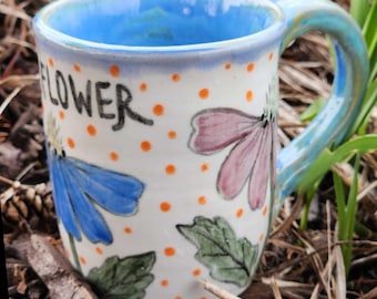 Wheel Thrown Stoneware Pottery Coffee Tea Mug Cup Hand Painted Cone Flowers 8 oz.