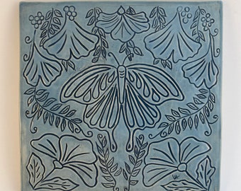 Sgraffito Art Nouveau Style Stoneware Pottery Blue Ceramic Art Tile Wall Plaque Butterfly Gingko Leaves Flowers