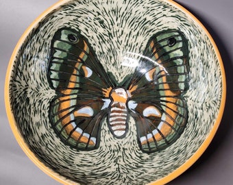 Second Sale: Wheel Thrown Ceramic Pottery Sgraffito Moth Butterfly Bowl Green Orange