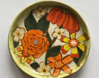 Stoneware Pottery Spoon Rest Hand Painted Retro Flowers Flower Power