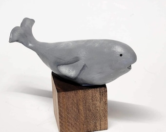 Hand Sculpted Hand Painted Stoneware Whale Figurine on Wood Block Primitive