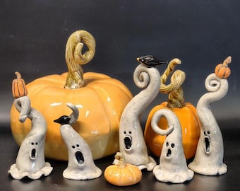 Hand Made Ceramic Clay Small Ghost Figurine Some with Pumpkin or Crow Halloween Decor Ghostie