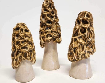 Hand Sculpted Stoneware Pottery Morel Mushroom Set of 3 Ceramic Fairy Garden Cottagecore Mushroom Lovers