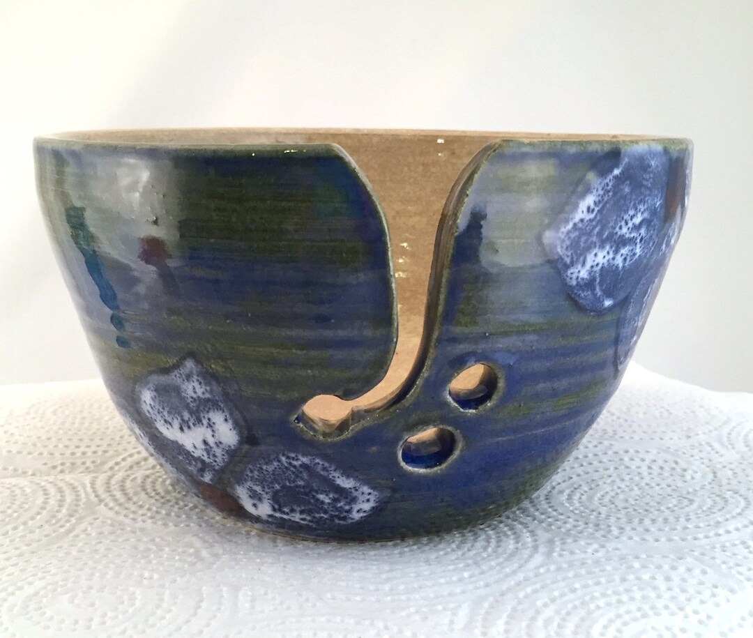 Hand Thrown Pottery Yarn Bowl, Cobalt Blue Flowers, Stoneware Ceramic ...