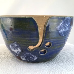 Wheel Thrown Ceramic Stoneware Pottery Yarn Bowl Cobalt Blue Green Red Hand Painted Flowers OOAK