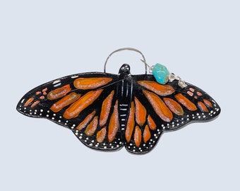 Hand Made Stoneware Pottery Monarch Butterfly Ornament Wall Decor Ceramic Hand Painted