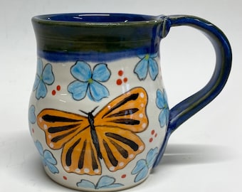 Wheel Thrown Stoneware Pottery Coffee Tea Mug Cup Hand Painted Butterflies