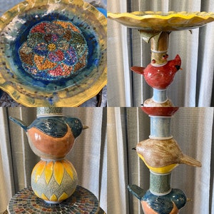 Stoneware Pottery Garden Totem Pole Mosaic Birdbath OOAK