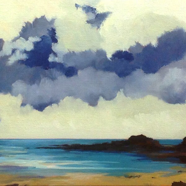 RUMBLE, oil landscape painting original 100% charity donation, 9X12 canvas  panel, clouds, ocean, shore