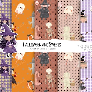 Papier numérique sorcière, papier joli fantôme sans couture, Halloween format png, papiers numériques pour impression sur tissu commercial