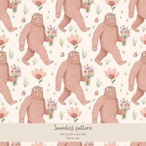 May include: A seamless pattern featuring a repeating illustration of a pink, furry creature wearing a flower crown and holding a bouquet of flowers. The background is cream-colored and includes small butterflies, green grass, and pink flowers. Text reads: Seamless pattern, PNG & JPG, 300 DPI, Drôle de zèbre.