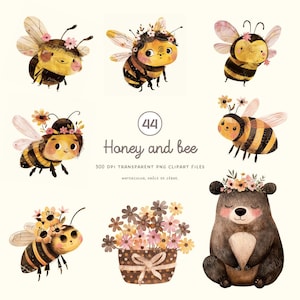 Clipart d'abeilles en aquarelle, abeilles adorables en PNG, scrapbooking, pour une chambre d'enfant, graphiques de fête d'anniversaire PNG