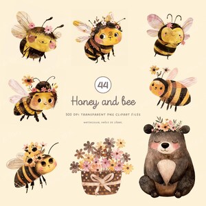 Clipart d'abeilles en aquarelle, abeilles adorables en PNG, scrapbooking, pour une chambre d'enfant, graphiques de fête d'anniversaire PNG