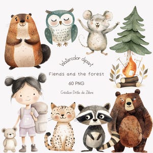 Clipart d'animaux, décoration de pépinière, aquarelle d'enfants mignons, clipart printanier camping, clipart d'anniversaire scrapbooking