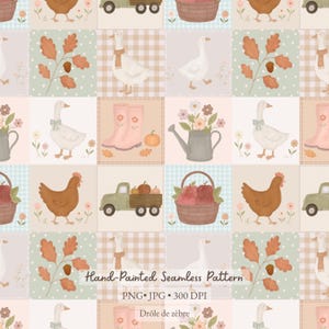 Puede incluir: Un patrón continuo con ilustraciones de gansos, pollos, hojas de roble, bellotas, calabazas, botas de agua, regaderas con flores y camiones. El diseño incluye el texto Hand-Painted Seamless Pattern, PNG JPG 300 DPI y Drôle de zèbre.