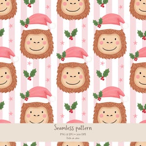 May include: A seamless pattern featuring brown monkey faces wearing pink Santa hats with white trim and holly sprigs. The background consists of vertical white and light pink stripes decorated with small pink stars. Text reads Seamless pattern PNG & JPG 300 DPI Drôle de zèbre.