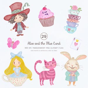 Clipart aquarelle d'Alice, clipart de fée, clipart de princesse, animaux en PNG, décor de crèche, baby shower, art mural pour bébé.