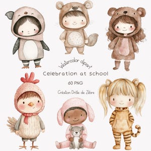 Clipart d'animaux, décorations pour pépinière, aquarelles d'enfants déguisés, clipart lion, ourson, éléments d'anniversaire, scrapbooking.