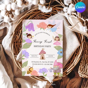 Invitation d'anniversaire carte d'anniversaire, fée en PNG, faire-part d'anniversaire modifiable sur Canva, et invitation d'anniversaire