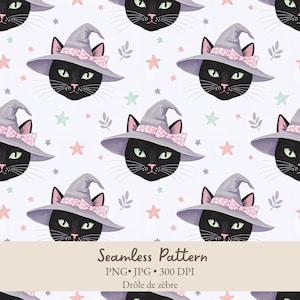 Peut inclure: Un motif répétitif de chats noirs portant des chapeaux de sorcière violet clair avec des nœuds à pois roses, parsemé de petites étoiles pastel et de brindilles sur fond clair. Le texte indique Seamless Pattern PNG JPG 300 DPI Drôle de zèbre.