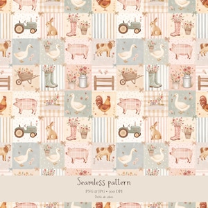 May include: A seamless pattern featuring a grid of farm-themed illustrations including rabbits, pigs, cows, roosters, geese, tractors, wheelbarrows, and floral arrangements in boots and milk cans. The design includes text reading Seamless pattern PNG & JPG 300 DPI.