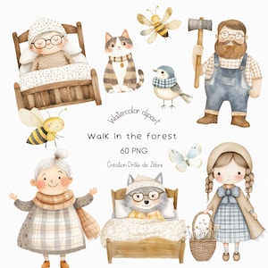Clipart d'animaux en aquarelle, décoration pour enfant, anniversaires, inspirés du conte du Chaperon Rouge, scrapbooking, magie de la forêt.