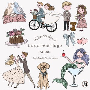 Clipart de mariage, illustration charmante en PNG, pour les fêtes et fiançailles, illustrations PNG de mariage, animaux PNG