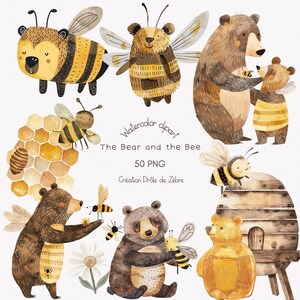 Clipart d'abeilles en aquarelle, à usage commercial, sur fond transparent, créations numériques, abeilles adorables, clipart d'ours mignons.