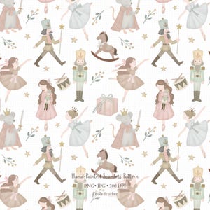 Può includere: Un motivo senza cuciture con illustrazioni ad acquerello di schiaccianoci, ballerine, topi con spade, cavalli a dondolo, tamburi e regali su sfondo bianco. Il testo recita: Hand-Painted Seamless Pattern PNG JPG 300 DPI Drôle de zèbre.