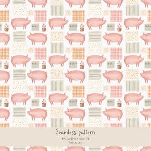 Peut inclure: Un motif répétitif composé d'illustrations de cochons roses alternant avec de petits carrés aux textures et couleurs variées, incluant des pois beiges, des rayures vert clair, des carreaux roses et des icônes de petites fleurs en pot.