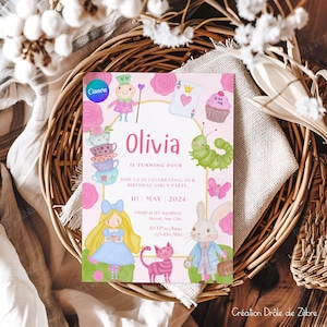 Invitation d'anniversaire, carte d'anniversaire, Alice, faire-part d'anniversaire modifiable sur Canva, invitation aquarelle d'anniversaire