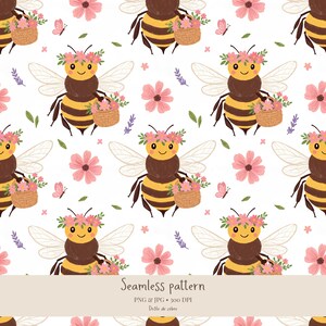 Seamless Bee Pattern PNG, Watercolor Bees Flower Basket, Cottagecore Floral Digital Paper, Motif Sans Couture Printemps
