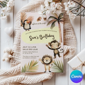 Invitation d'anniversaire la jungle, carte d'anniversaire, faire-part d'anniversaire modifiable sur Canva, invitation de fête d'anniversaire